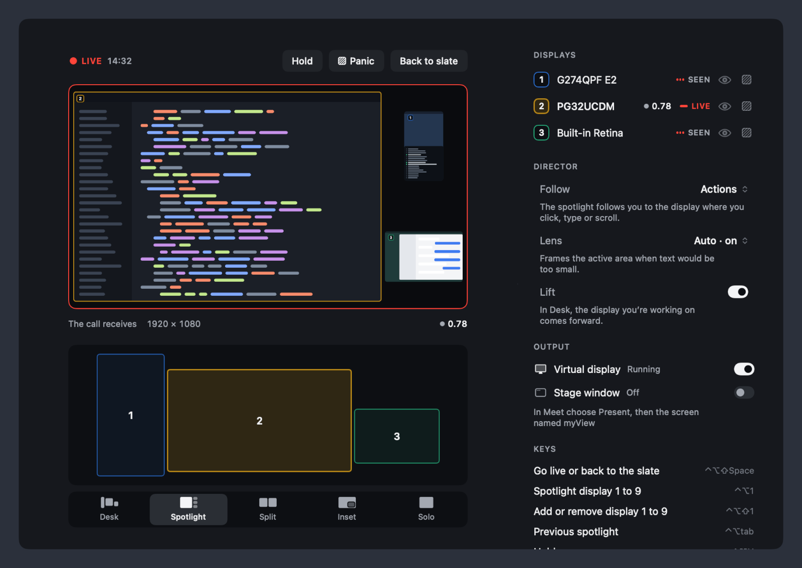 The myView window. On the left, the live picture, a map of the desk and the five layouts. On the right, the list of displays and the controls for following, the Lens and the output.